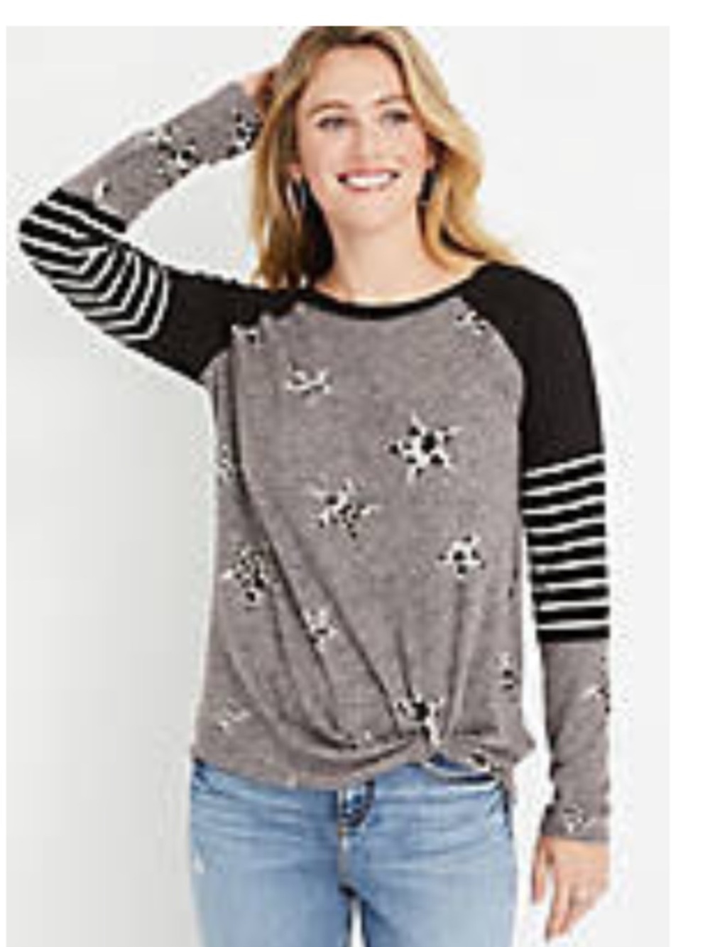 Women’s Grey Star-Print Long Sleeve front Knot Top